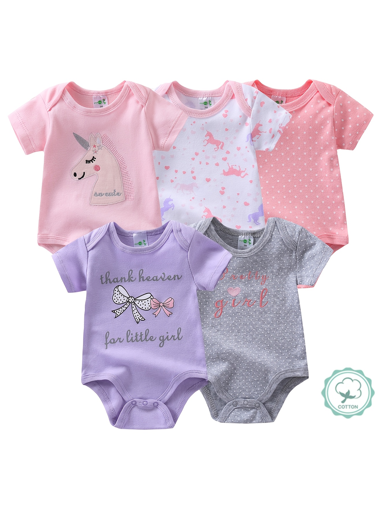 Baby Clothing Essentials - 5pcs Girls' Short-Sleeve Bodysuits, Cotton Baby