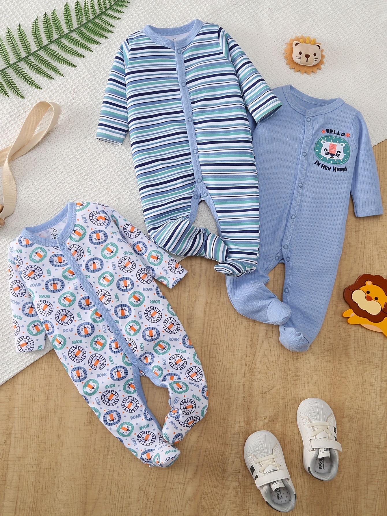 Baby Clothing Essentials - [Cartoon Lion Suit] 3pcs Long-sleeved, Foot-hugging